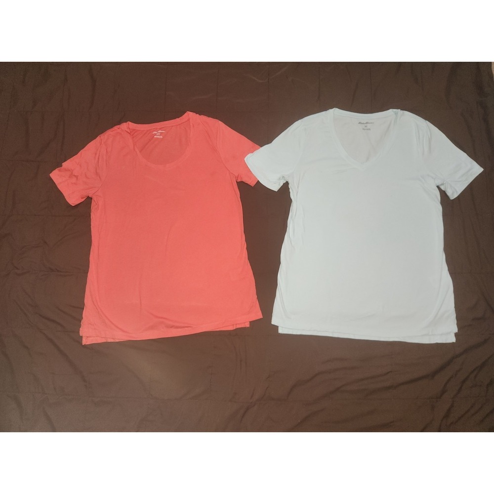 2 Eddie Bauer Womens short sleeve Tshirts. Scoop neck & V neck Blue & Coral Med